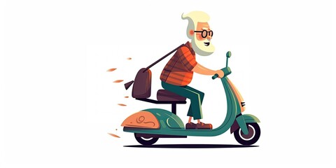 Elderly man with white hair and glasses riding a green scooter on a white background. The man is wearing an orange shirt and blue pants and has a brown bag