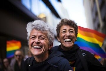 Dos mujeres maduras celebran el dia del orgullo LGTBI