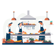 Flat 2D illustration of chefs working at a professional kitchen