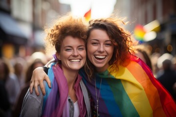 Fototapeta premium una pareja de jovenes lesbianas celebra el dia del orgullo LGTBI