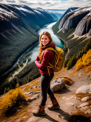 Young tourist woman is hiking on the mountains. Hiking in Himalaya mountains. Woman Traveler with Backpack hiking in the Mountains. mountaineering sport lifestyle concept. - 630364213