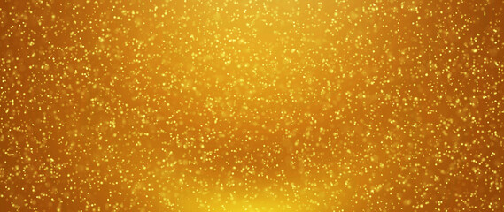 Golden particles shining dust bokeh glitter awards abstract background. Futuristic glittering in space on gold background. 