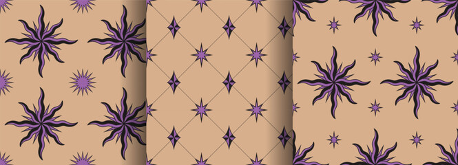 Mystery set of modern esoteric seamless patterns. Gothic style backgrounds collection.  - 630364801