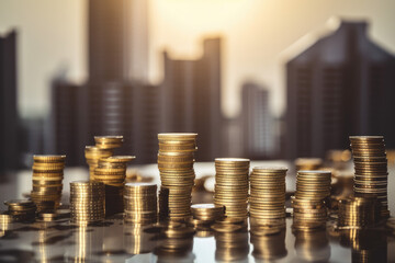 IA Generative Coins piled up with buildings in the background, concept of capitalism