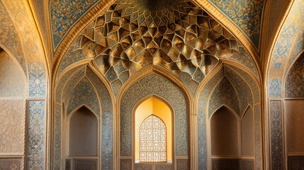 Obraz premium Interior of a mosque, decorated walls and pillars inside the masjid, Generative AI.