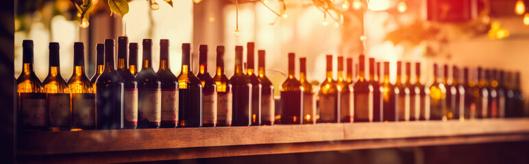 A great number of wine bottles are presented on the table in a private winery. Ai generation