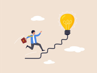 Obraz premium Creativity for business idea. Career path or goal achievement. Thinking and brainstorm for new idea or opportunity. Businessman start walking on electricity line as stairway to big idea lightbulb.