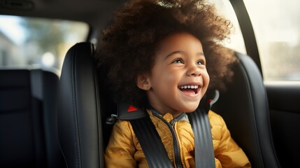 Happy dark-skinned child sits in a child car seat fastened with a seat belt