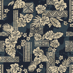 Hawaiian tapa tribal elements and hibiscus flowers patchwork abstract vintage vector seamless pattern grunge effect in separate layer - 630365472