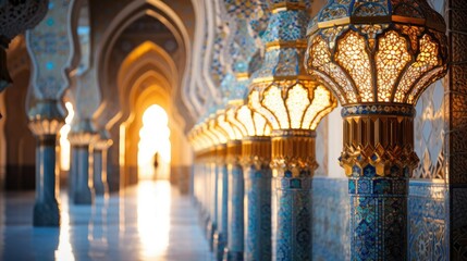 Interior of a mosque, Hanging lights, decorated walls and pillars inside the masjid, Generative AI.