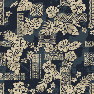 Fototapeta Hawaiian tapa tribal elements and hibiscus flowers patchwork abstract vintage vector seamless pattern grunge effect in separate layer