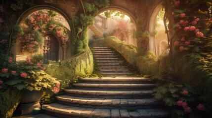 surreal, a beautiful secret garden. A quiet and bright place. Created with Generative AI.