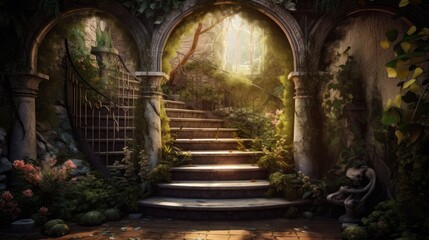 surreal, a beautiful secret garden. A quiet and bright place. Created with Generative AI. - obrazy, fototapety, plakaty