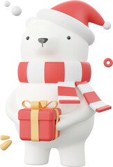 Cute bear with Santa hat holding Christmas gift box, Christmas theme elements 3d illustration