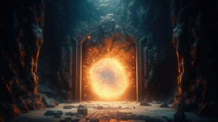 Spectacular fantasy scene with magical portal. Created with Generative AI.