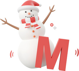 Snowman with M alphabet, Christmas theme elements 3d illustration
