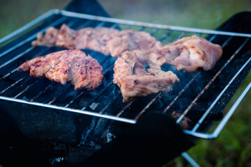 pork roast, on the iron stove, top view,.Spicy Grilled Pork Chop, Summer Barbecue, camping party.
