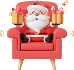 Santa Claus sitting on sofa and holding Christmas gift, Christmas theme elements 3d illustration