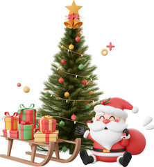 Santa Claus and Christmas gift on sleigh with Christmas tree, Christmas theme elements 3d illustration