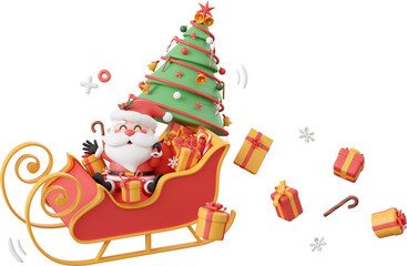 Santa Claus and Christmas tree and gift on sleigh, Christmas theme elements 3d illustration