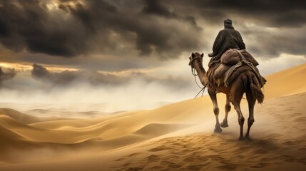 Riding a camel in the desert in extreme weather conditions, storm on the horizon, Generative AI.