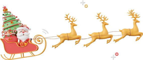 Santa Claus on sleigh with Christmas tree and gift, Christmas theme elements 3d illustration