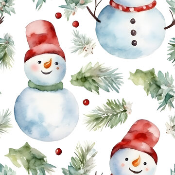 Seamless pattern of cute snowman, christmas tree and gift box for merry christmas celebration. X'mas party. Watercolor illustration background, Generative AI