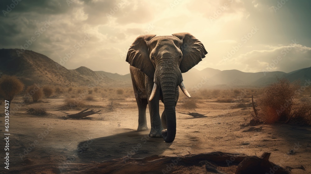 Poster elephant in a desert landscape. created with generative ai.