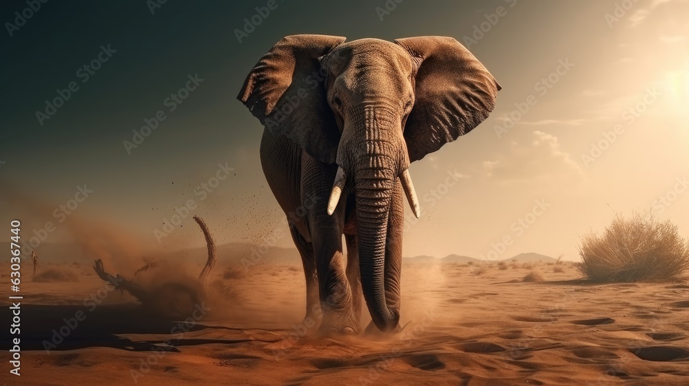 Poster elephant in a desert landscape. created with generative ai.