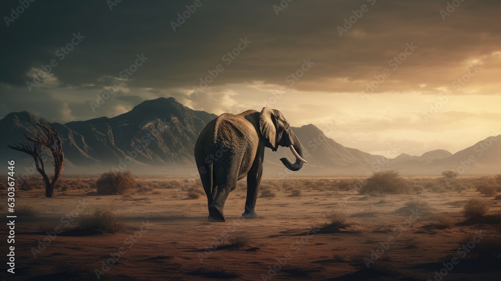 Wall mural elephant in a desert landscape. created with generative ai.