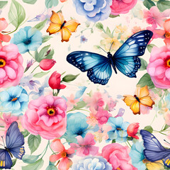 Seamless pattern of beautiful butterflys and flowers. Watercolor illustration nature background, Generative AI