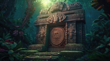 Mayan gate in the forest. Created with generative AI.	
