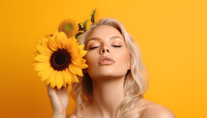 Beautiful Blond Woman in Studio Portrait, Embracing the Blooming Beauty