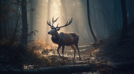 Red deer stag in forest. Created with Generative AI.