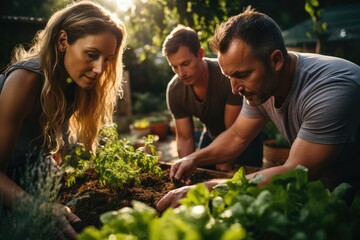 A group of friends preparing a community garden - Unity and environmental conservation - AI Generated