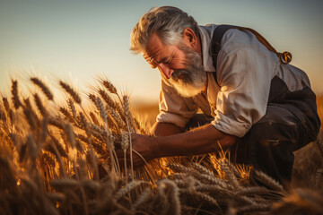Man joyously working in a wheat field - Agriculture and happiness - AI Generated