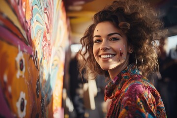 Obraz premium Young woman creating a mural in a public space - Art and community revitalization - AI Generated