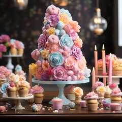 Obraz na płótnie Canvas Magical incredible huge fairy tale birthday cake decorated with sweets, berries and fruits, fresh, delicious, juicy, festive background, dark surroundings, isolated