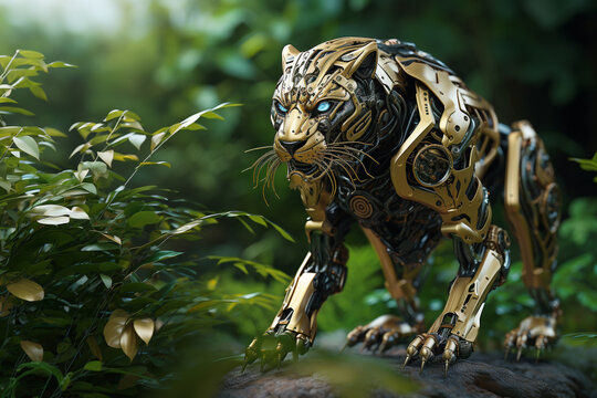 Golden schwarzer Panther Roboter im Dschungel