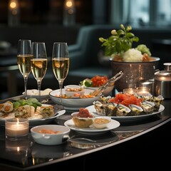 Professional staged photo of wine glasses with gorgeous various appetizers on the table, in the interior of expensive restaurant, romantic holiday atmosphere