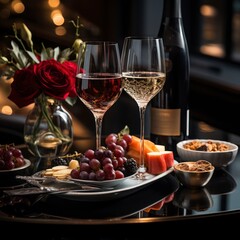 Fototapeta na wymiar Professional staged photo of wine glasses with gorgeous various appetizers on the table, in the interior of expensive restaurant, romantic holiday atmosphere