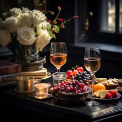 Obraz na płótnie Canvas Professional staged photo of wine glasses with gorgeous various appetizers on the table, in the interior of expensive restaurant, romantic holiday atmosphere