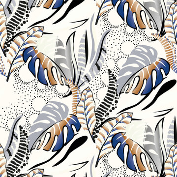 Fototapeta seamless repeat pattern design of a tropical artwork, with multicolored hand drawn elements background.