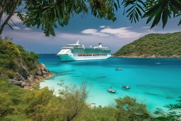 A luxury cruise ship sailing through the sparkling waters of the Caribbean. - obrazy, fototapety, plakaty