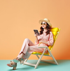 Young woman wear summer clothes sit in deckchair use show mobile cell phone on plain pastel background. real skin , Tourist travel abroad in free spare time rest getaway. Air flight