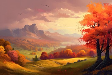 A beautiful mountainous autumn landscape with trees adorned with bright yellow, red and gold flowers creating colorful foliage.