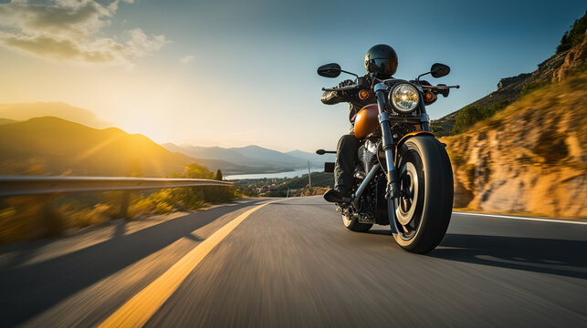 Motorcycle Adventure - Having Fun Riding on an Empty Highway during a Thrilling Motorbike Tour Journey. created with Generative AI © photobuay