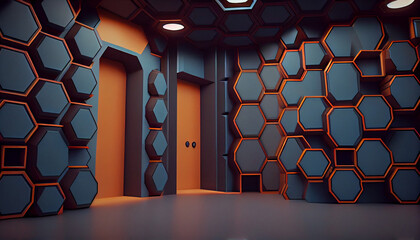  Room made of Futuristic Block Walls, Hexagons Tile Pattern, isolated wallpaper and background, Ai generated image