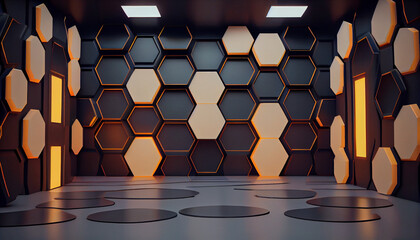  Room made of Futuristic Block Walls, Hexagons Tile Pattern, isolated wallpaper and background, Ai generated image