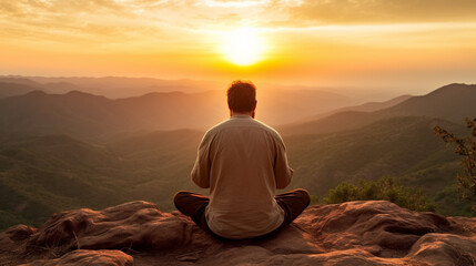 A person sitting cross-legged on a mountaintop, mental health images, photorealistic illustration